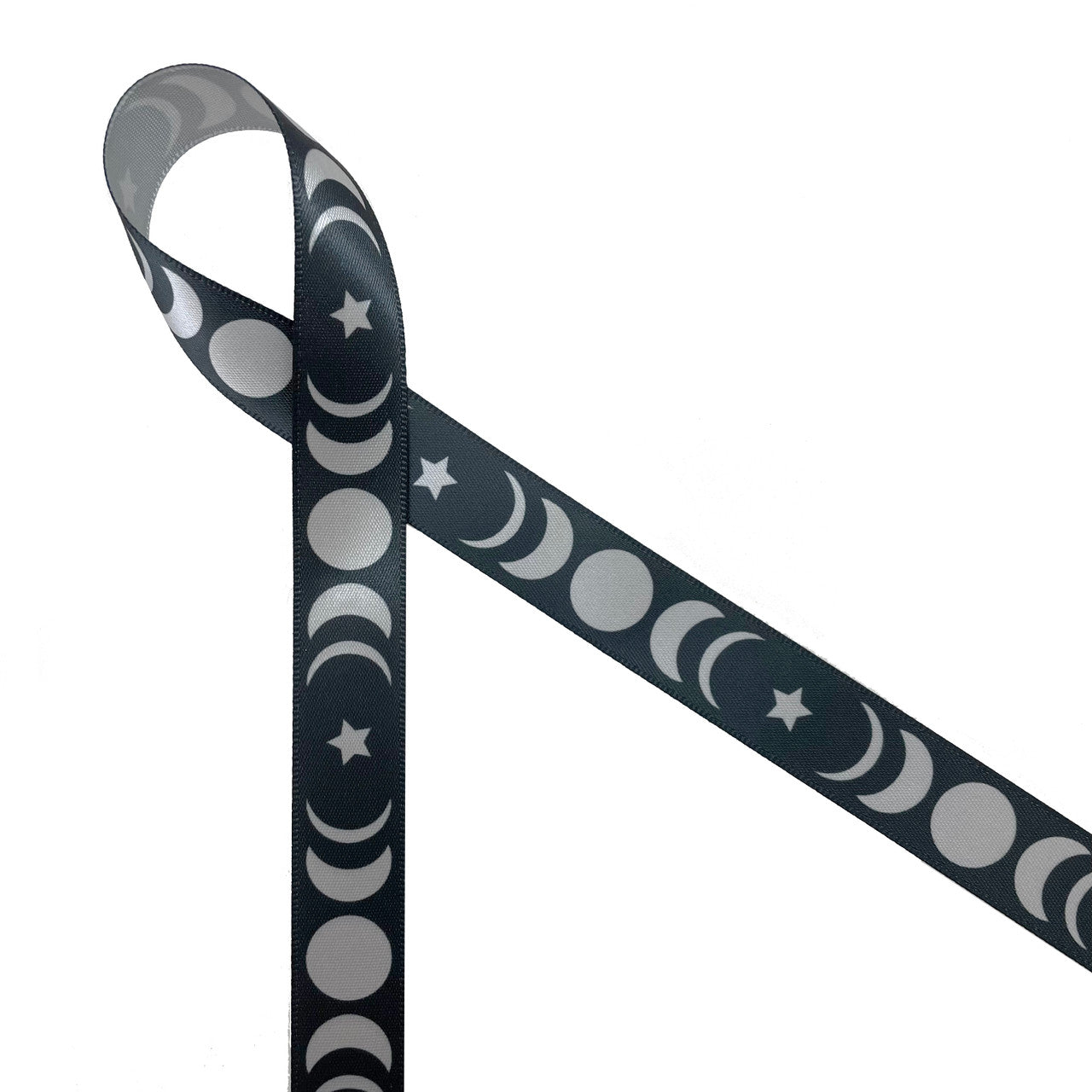 Moon ribbon featuring moon phases in silver on a black background ...