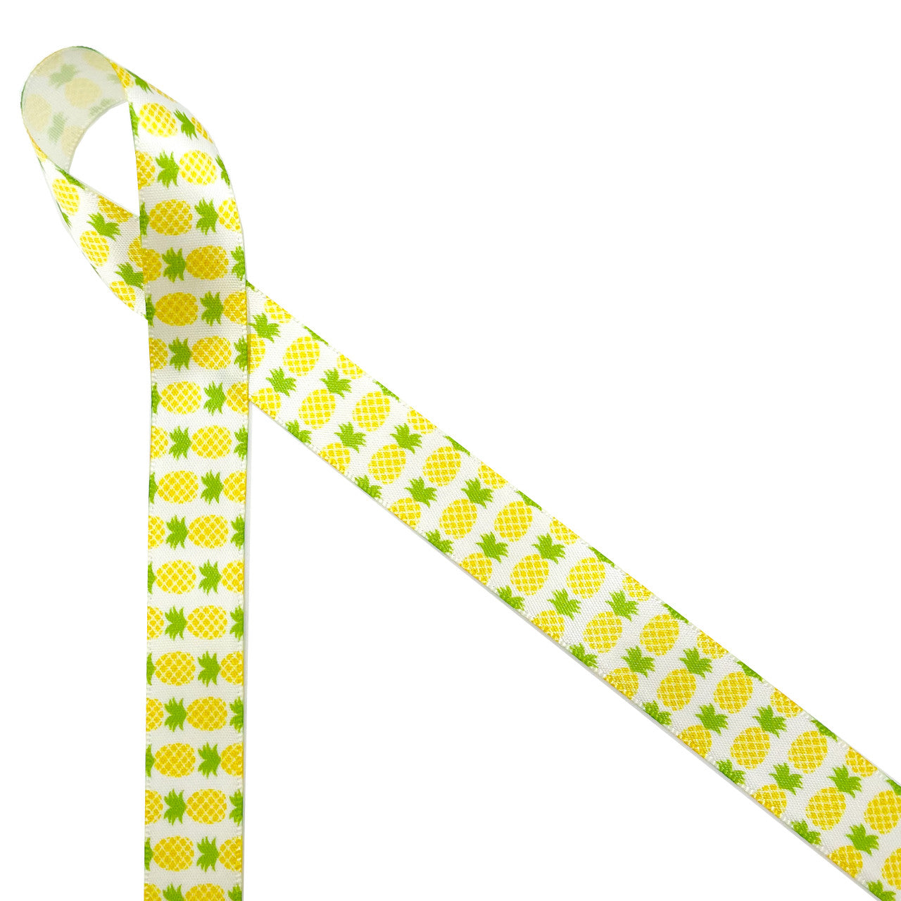Pineapples line up in green and yellow on 5/8" white single face satin ribbon. A long time symbol of hospitality, tying this ribbon on your party favors will let you guest know they are welcome and appreciated!