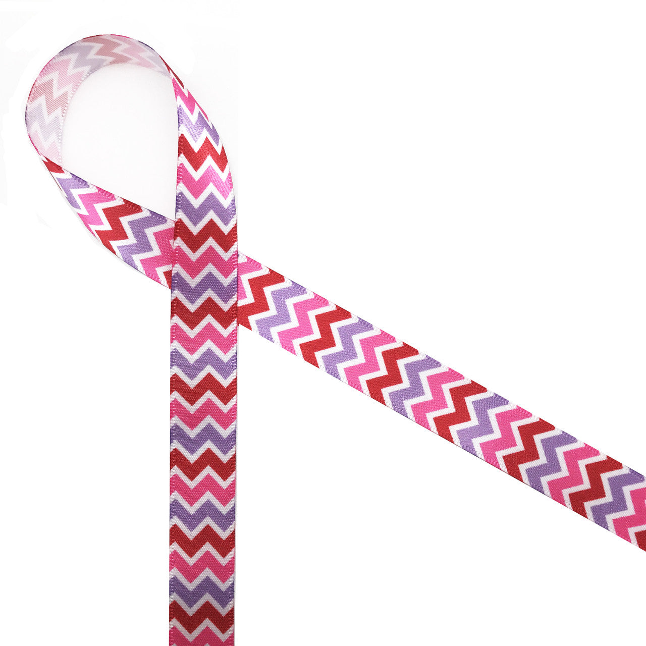 Valentine chevron pattern feature red, pink and lavender on 5/8" white single face satin! This fun ribbon is perfect for giving your Valentine's Day love!