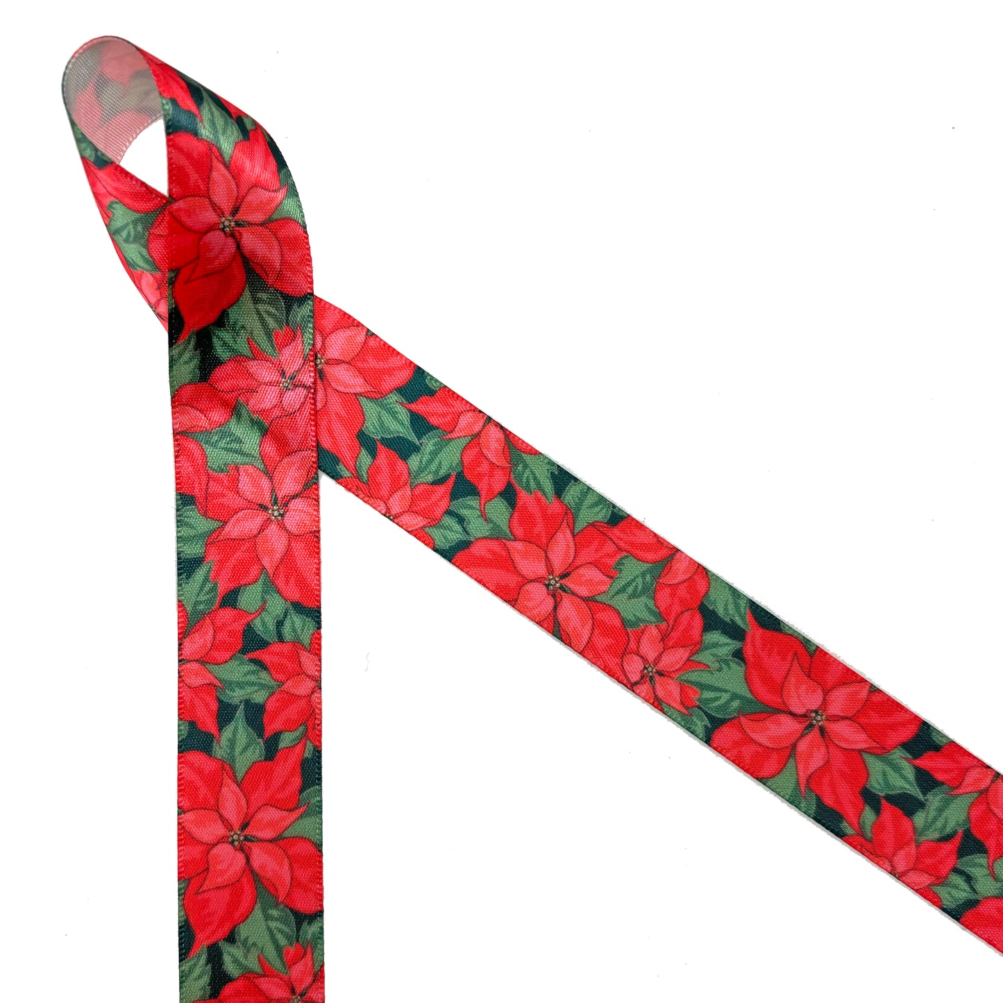 Poinsettia Ribbon white and green or red and green for Winter Holidays ideal for gift wrap, gift baskets, crafts, and sewing printed on 7/8" and 1.5" satin