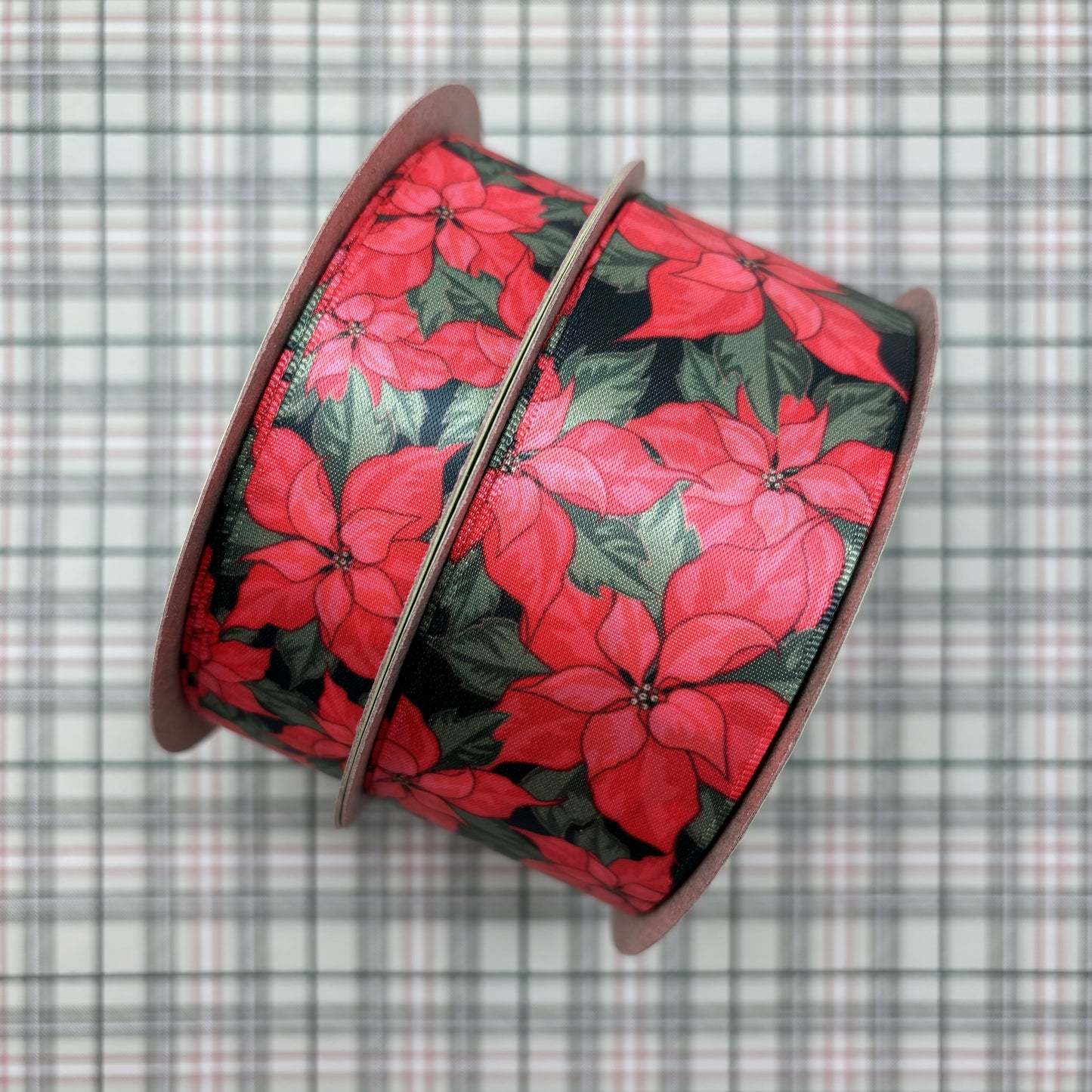 Poinsettia Ribbon white and green or red and green for Winter Holidays ideal for gift wrap, gift baskets, crafts, and sewing printed on 7/8" and 1.5" satin