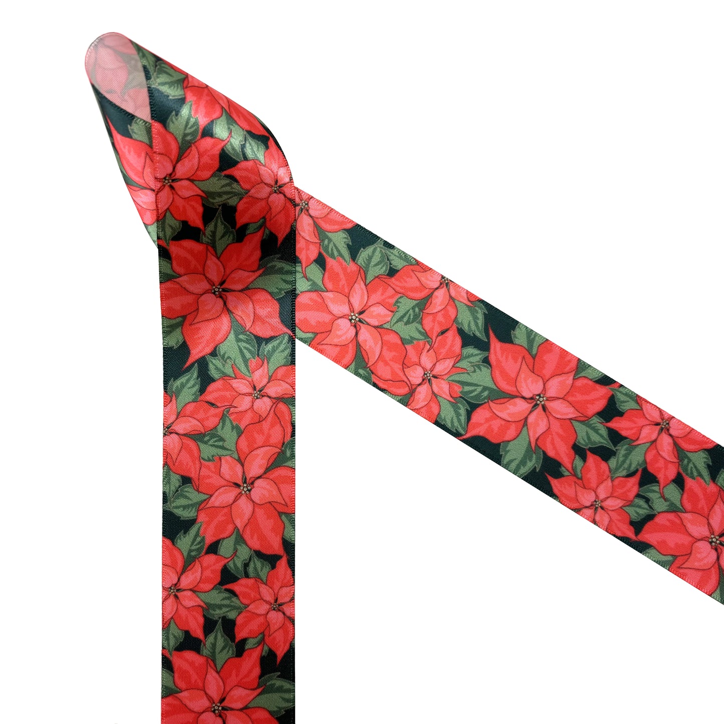 Poinsettia Ribbon white and green or red and green for Winter Holidays ideal for gift wrap, gift baskets, crafts, and sewing printed on 7/8" and 1.5" satin