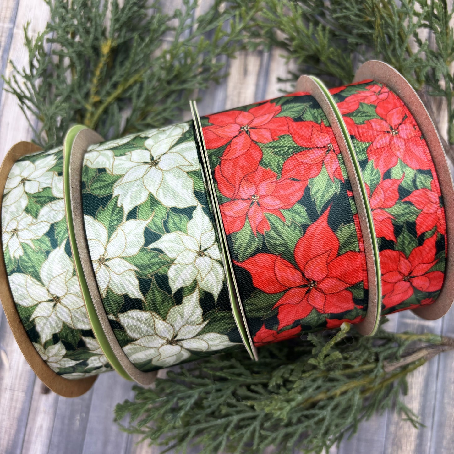 Poinsettia Ribbon white and green or red and green for Winter Holidays ideal for gift wrap, gift baskets, crafts, and sewing printed on 7/8" and 1.5" satin