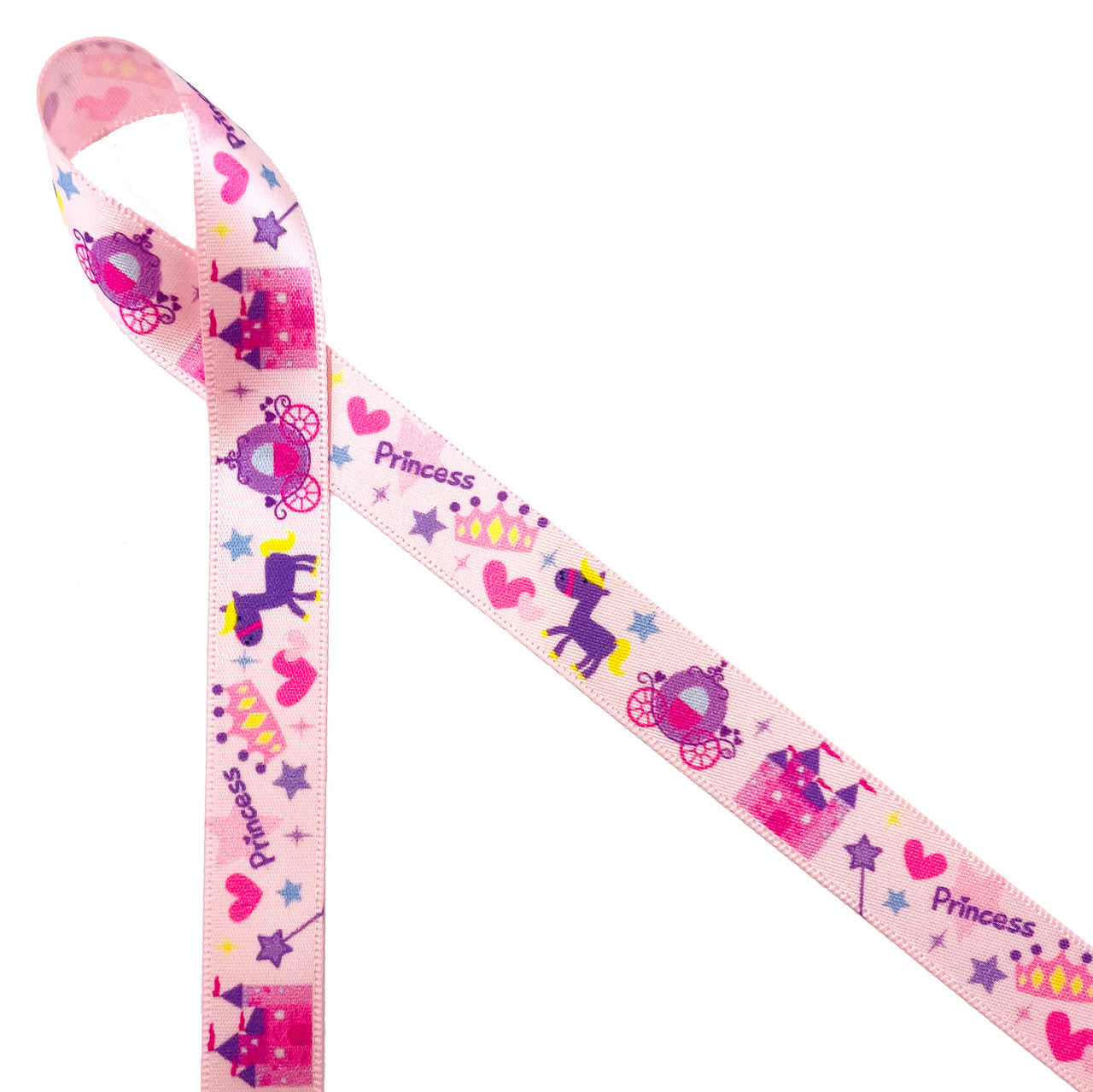 Princess in Pink on 5/8" single face satin ribbon featuring all the important elements a regal little one could ever want!