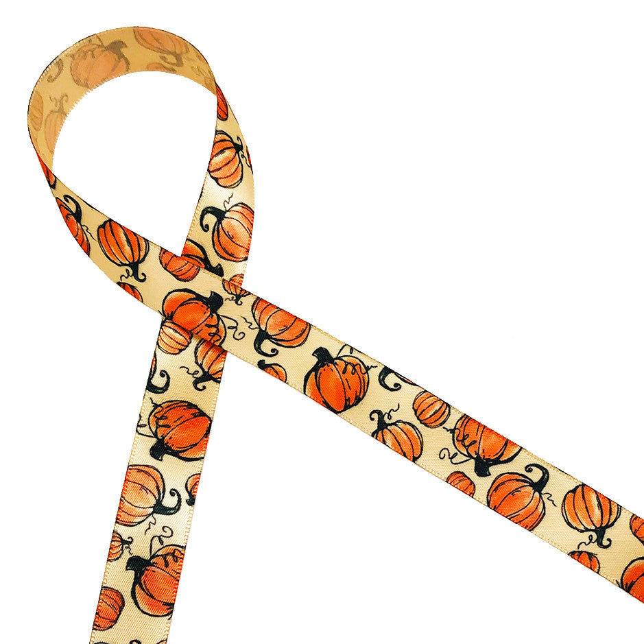 Our elegantly styled Fall pumpkins with a curling vine printed on 5/8" raw silk single face satin ribbon is perfect for Fall decor, party decor, gift wrap, packaging, party favors and quilting and sewing projects! All our ribbon is designed and printed in the USA