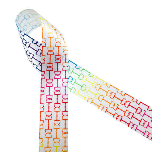 Rainbow snaffle bits in a gradient printed on 1.5" white single face satin ribbon is ideal for horse shows! This is a great ribbon for hair bows, lead bows, pony final bows and saddle bows. Use this ribbon for gift wrap, gift baskets, floral awards, crafts and quilting with an equestrian theme. All our ribbon is designed and printed in the USA