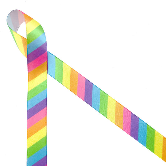 Pastel rainbow stripes are featured on this 5/8" white single face satin ribbon. A perfect addition to any pastel themed gift or party!