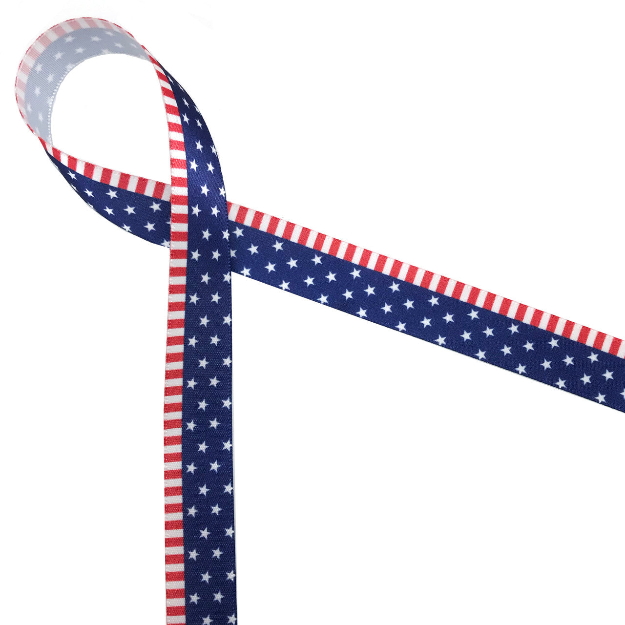 Patriotic border print featuring stripes of red and white on one border and white stars on a navy blue backgound on the other. This ribbon is ideal for your Fourth of July celebrations!