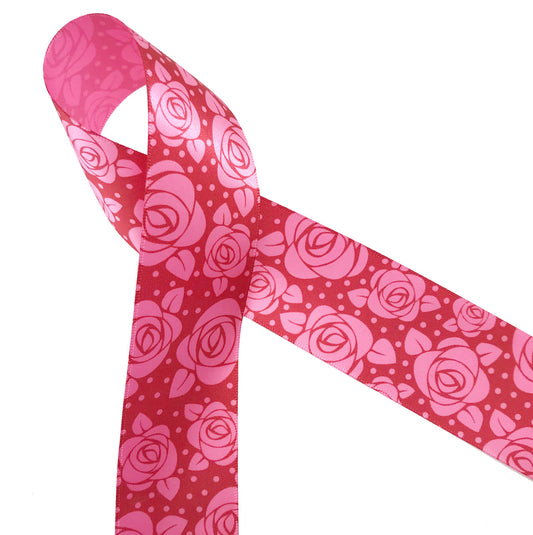 Stylized roses in hot pink on a deep pink background are the sweetest way to surprise your Valentine. This ribbon is 1.5" wide in hot pink single face satin ribbon.