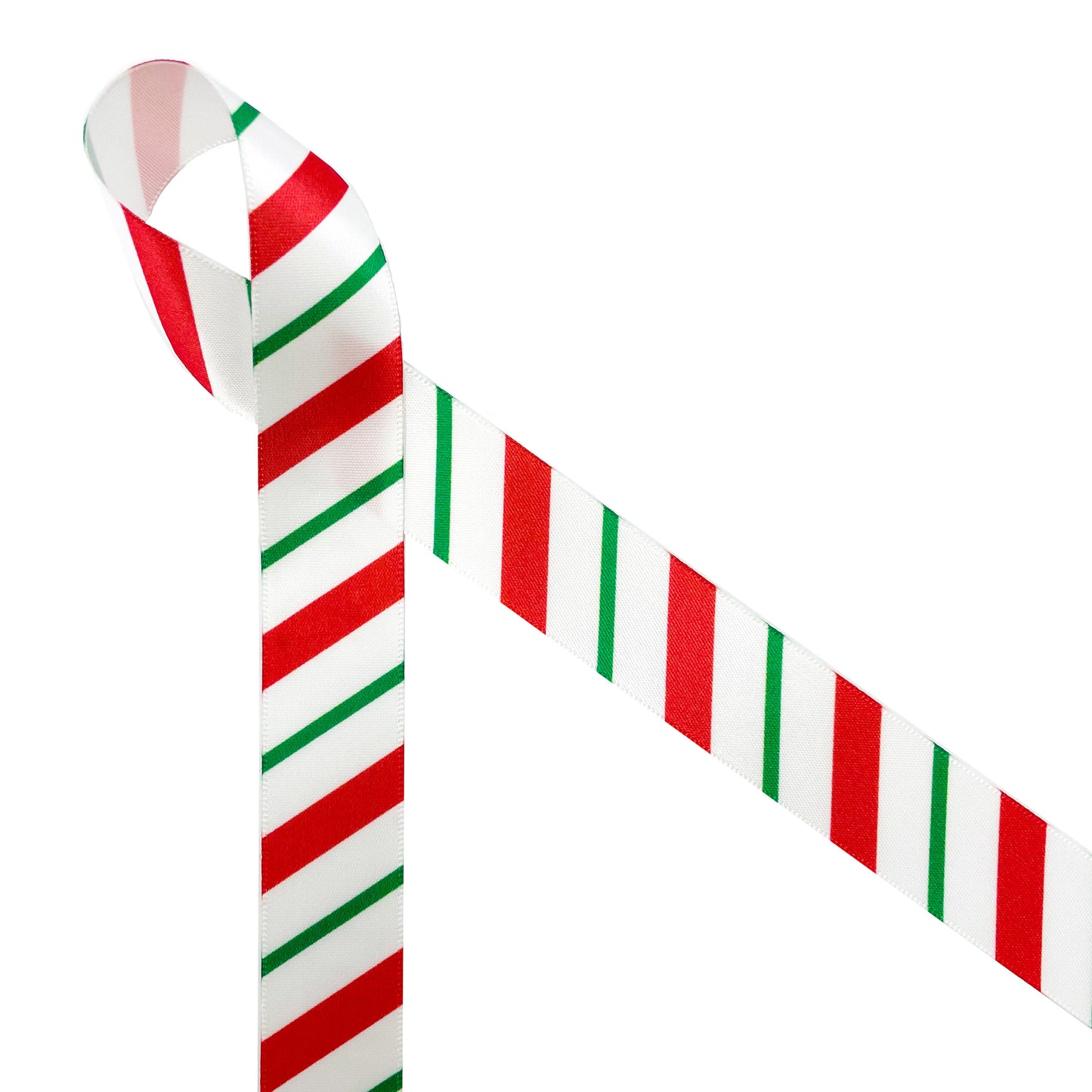 Christmas Stripes Ribbon in Red and Green on 5/8", 7/8" and 1.5" White Single Face Satin ribbon