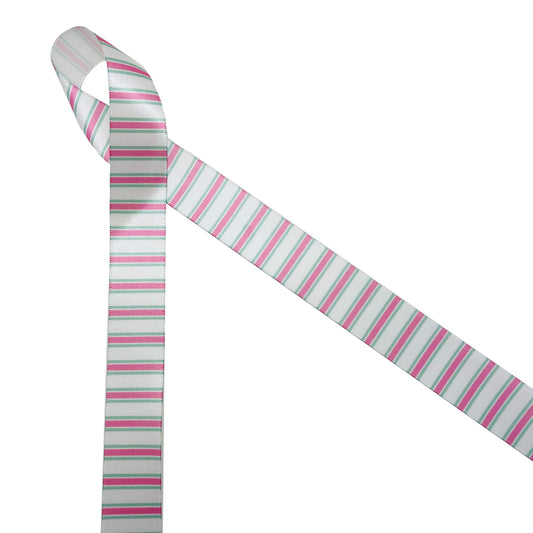 Pink and sage vertical stripes printed on 7/8" white single face satin ribbon is the ideal ribbon for so many occasions! This ribbon is perfect for Mother's Day, bridal showers, baby showers and preppy styles! This is a fun ribbon for crafts, sewing and quilting projects too! All our ribbon is designed and printed in the USA