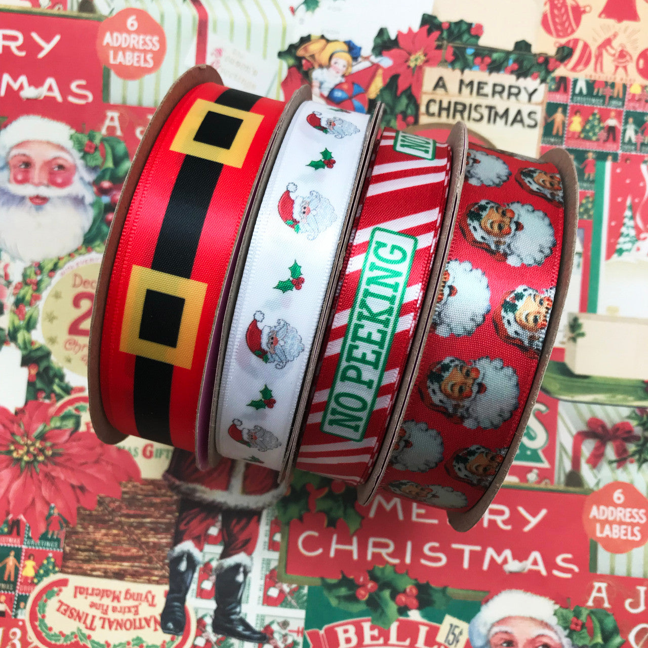 Vintage Santa Claus Ribbon on a red background  printed on 7/8" White Single face satin and grosgrain