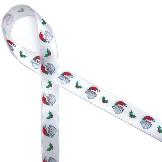 Santa's face and beard with sprigs of holly alternate on a 5/8" white single face satin ribbon!