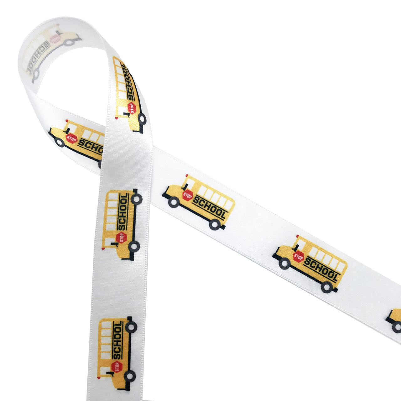 Yellow school bus ribbon with a red stop sign printed on 5/8" white single face satin is the ideal ribbon for a gift for your favorite school bus driver! This is a great ribbon for cookies, cake pops, gift wrap and party decor for Back to school celebrations! Use this ribbon for lanyards, hair bows, sewing and quilting projects too! All our ribbon is designed and printed in the USA