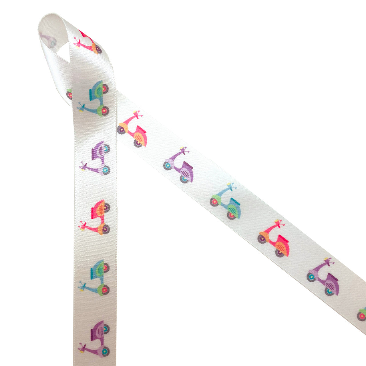 Adorable Vespa inspired scooters in pastel colors of pink, lavender, green, and tangerine printed on 5/8" white single face satin ribbon is ideal for Spring and Summer party themes! This is an ideal ribbon for party decor, gift wrap, gift baskets, bridal showers and baby showers. Use this ribbon for crafting, sewing and quilting too! Our ribbon is designed and printed in the USA