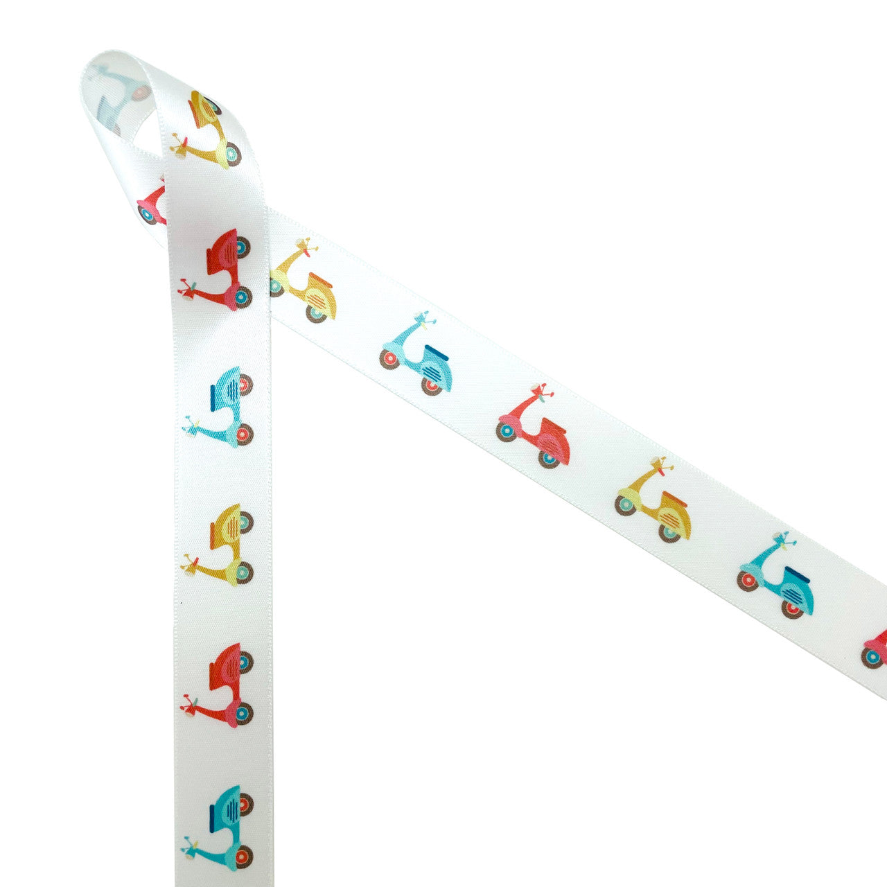 Adorable Vespa inspired scooters in vintage colors of blue, yellow, red and green  printed on 5/8" white single face satin ribbon is ideal for Spring and Summer party themes! This is an ideal ribbon for party decor, gift wrap, gift baskets, bridal showers and baby showers. Use this ribbon for crafting, sewing and quilting too! Our ribbon is designed and printed in the USA