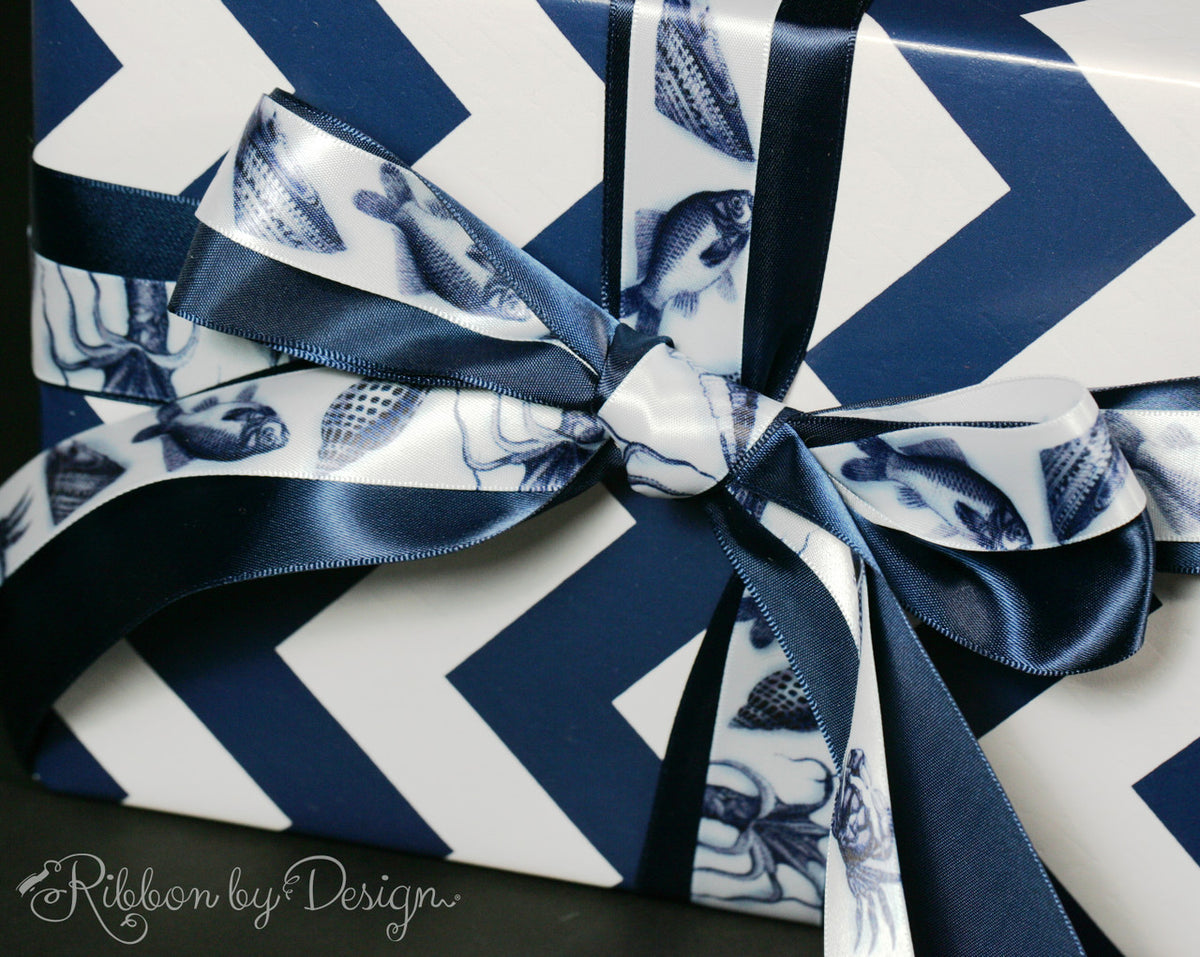 Ocean Ribbon Design Sea Creatures in navy blue on 7/8