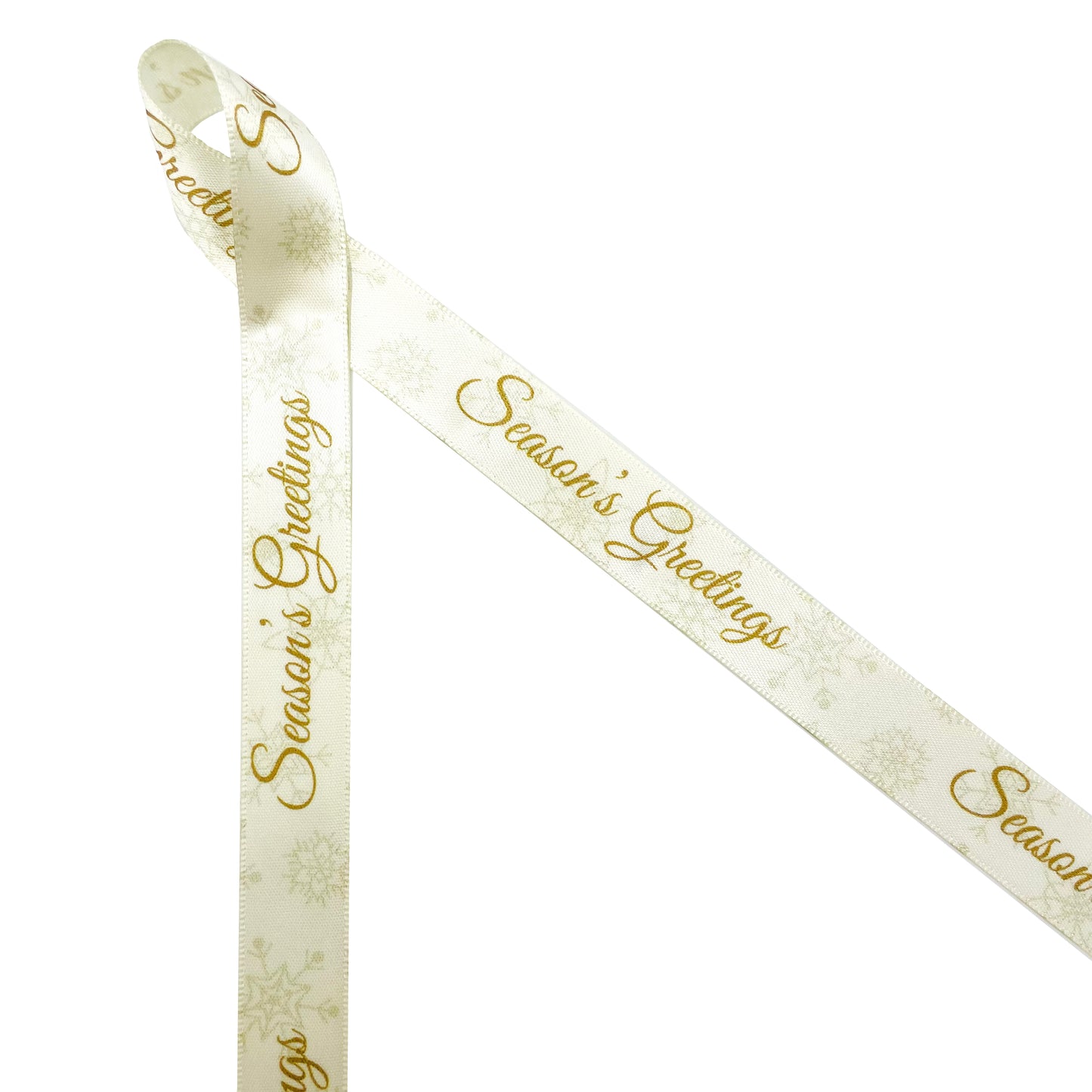 Season's Greetings Ribbon in Gold on 5/8" Antique White single face satin