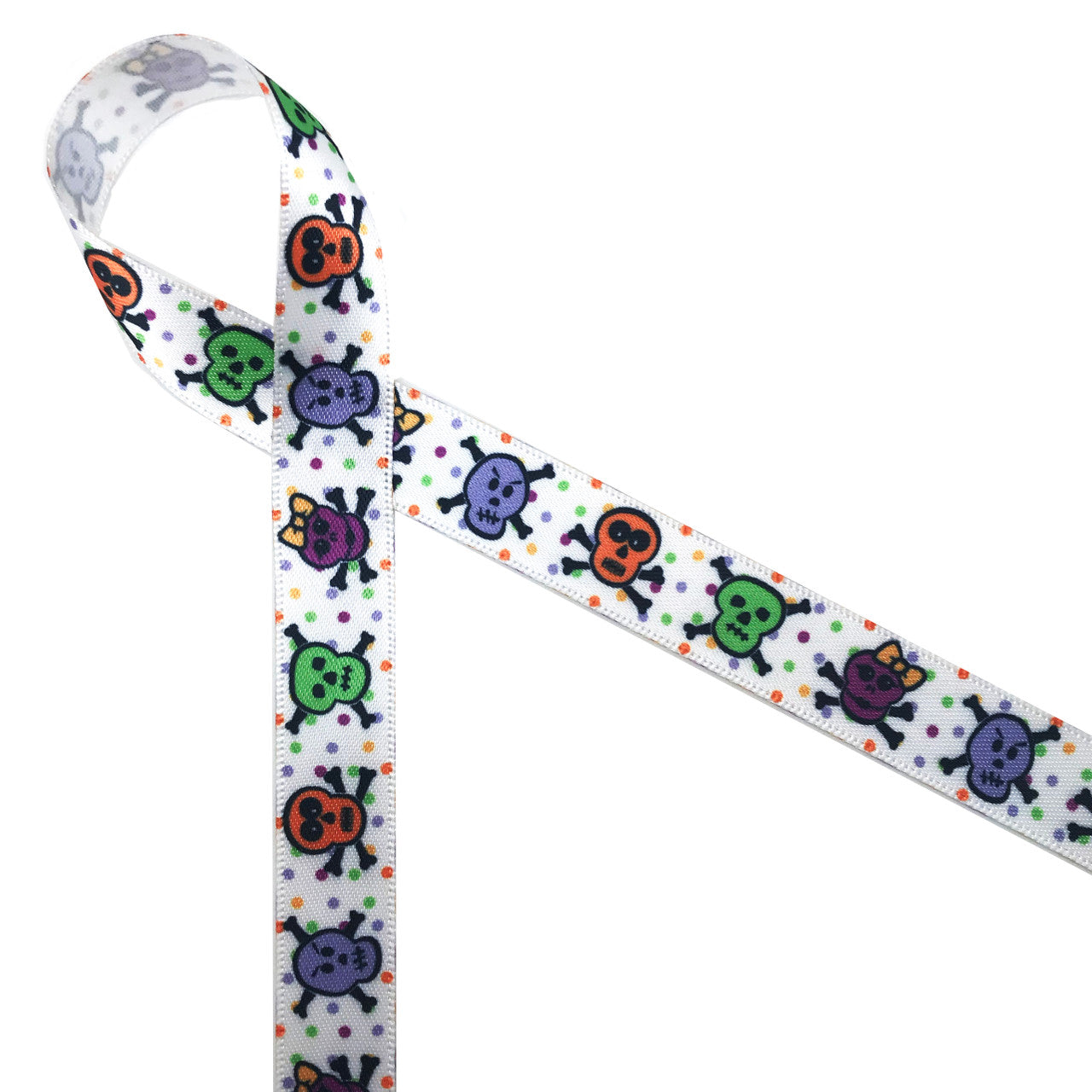 Skulls in purple, lavender, orange and green with black crossbones are lined up on a polka dotted background on a 5/8" white single face satin ribbon. This little ribbon is mostly fun and not too scary and will be the perfect addition to your Halloween party favors!