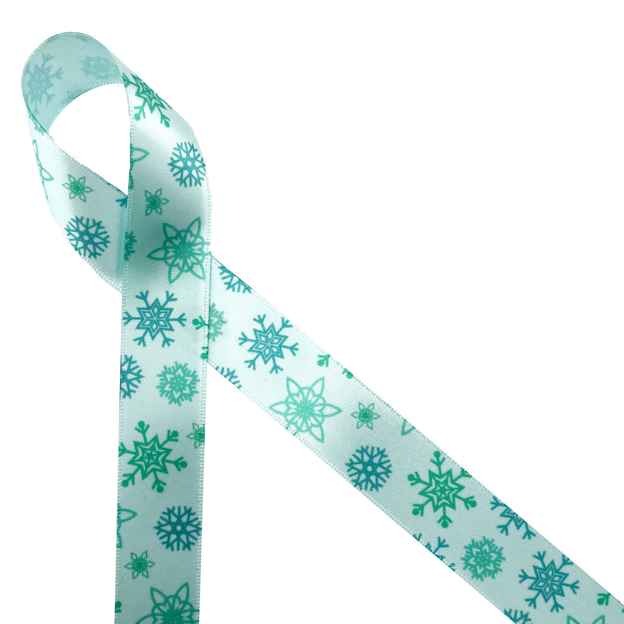 Snowflakes in medium blue on Icy Blue 7/8" Single Face Satin Ribbon, 10 Yards