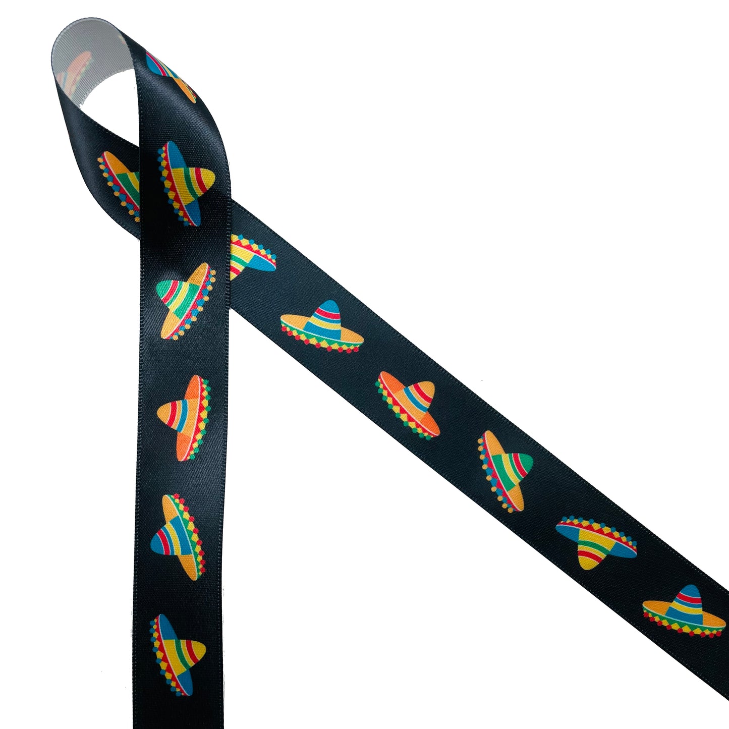 Sombrero ribbon colorful Sombreos on a black background printed on 5/8" and 7/8" white satin