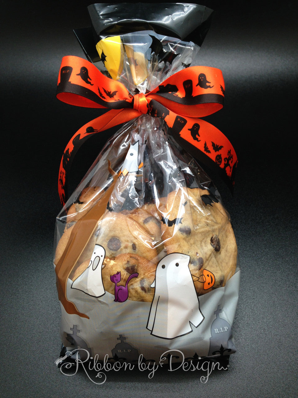 Tie a cellophane bag of chocolate chip cookies with Scary Town ribbon for a special Halloween treat!