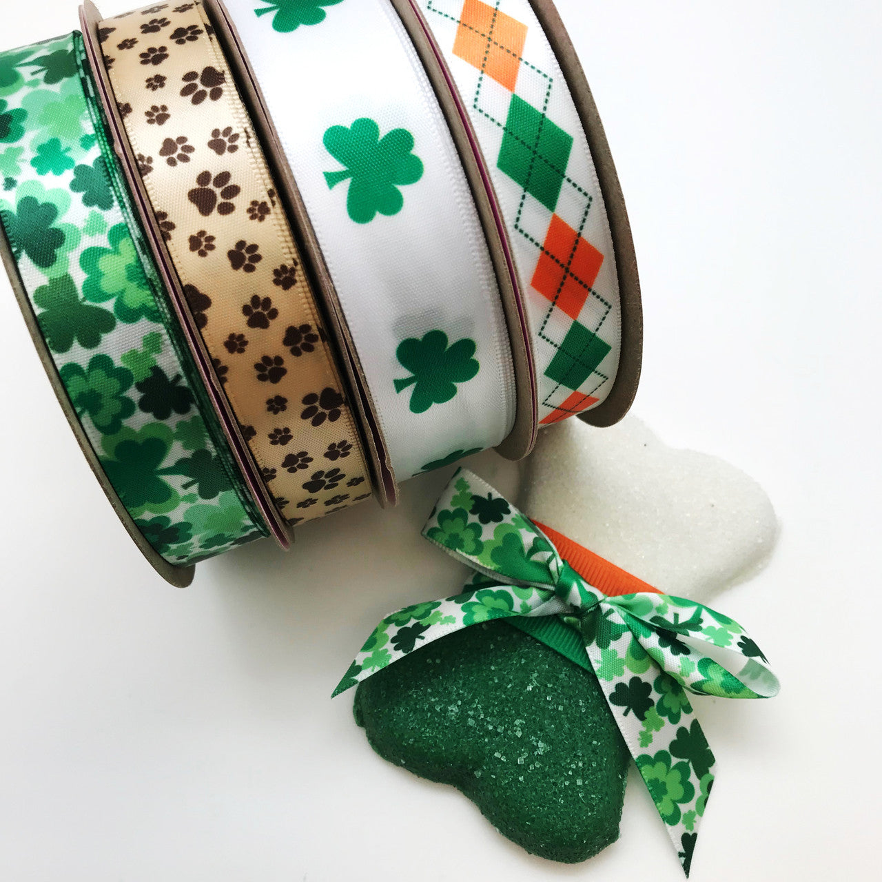 St. Patricks Day Irish Argyle Ribbon on 5/8" white single face satin