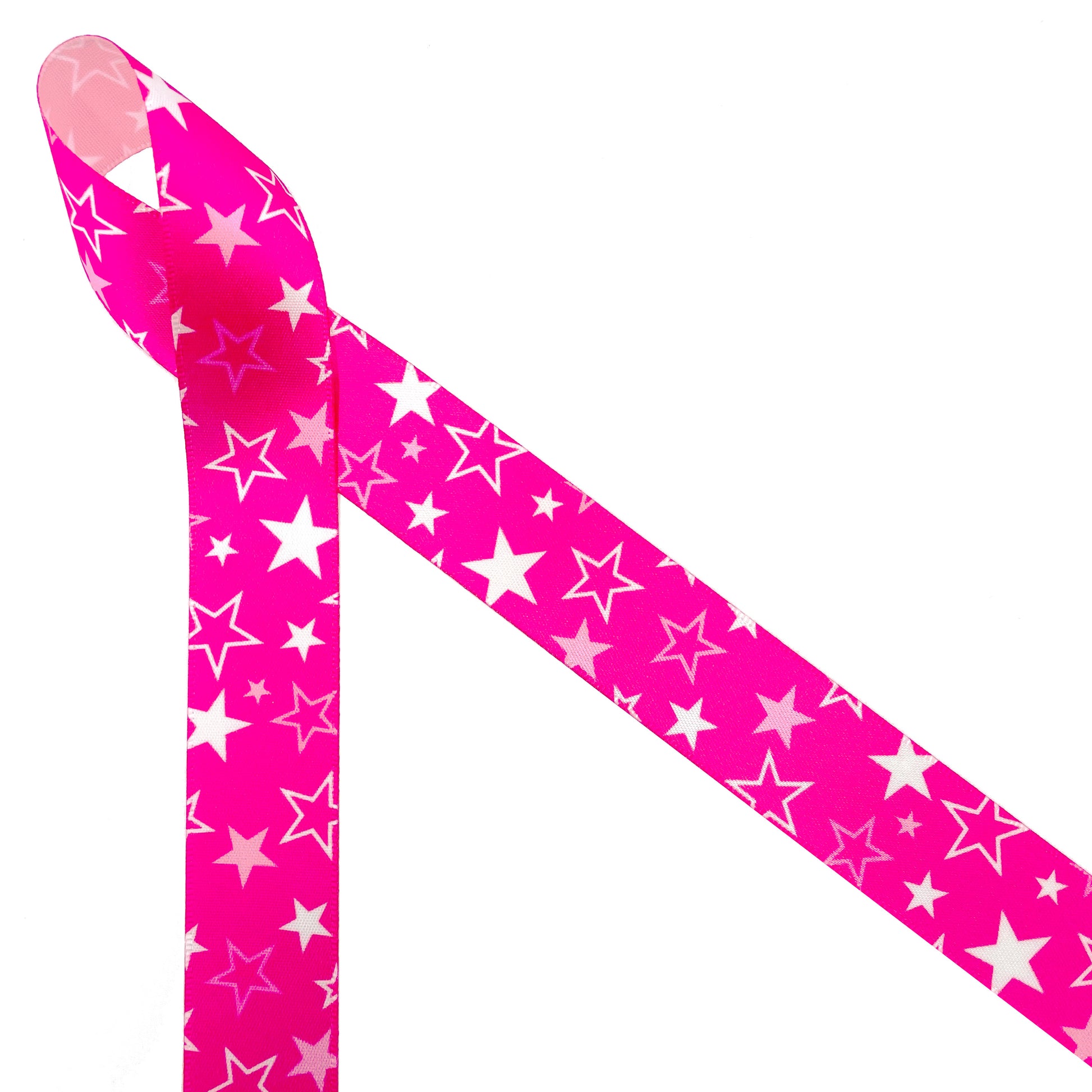 Hot pink ribbon with white stars Barbie inspired printed on 7/8 white