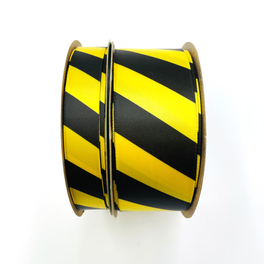 Caution Tape ribbon diagonal black stripes printed on 5/8" and 1.5" bright yellow single face satin
