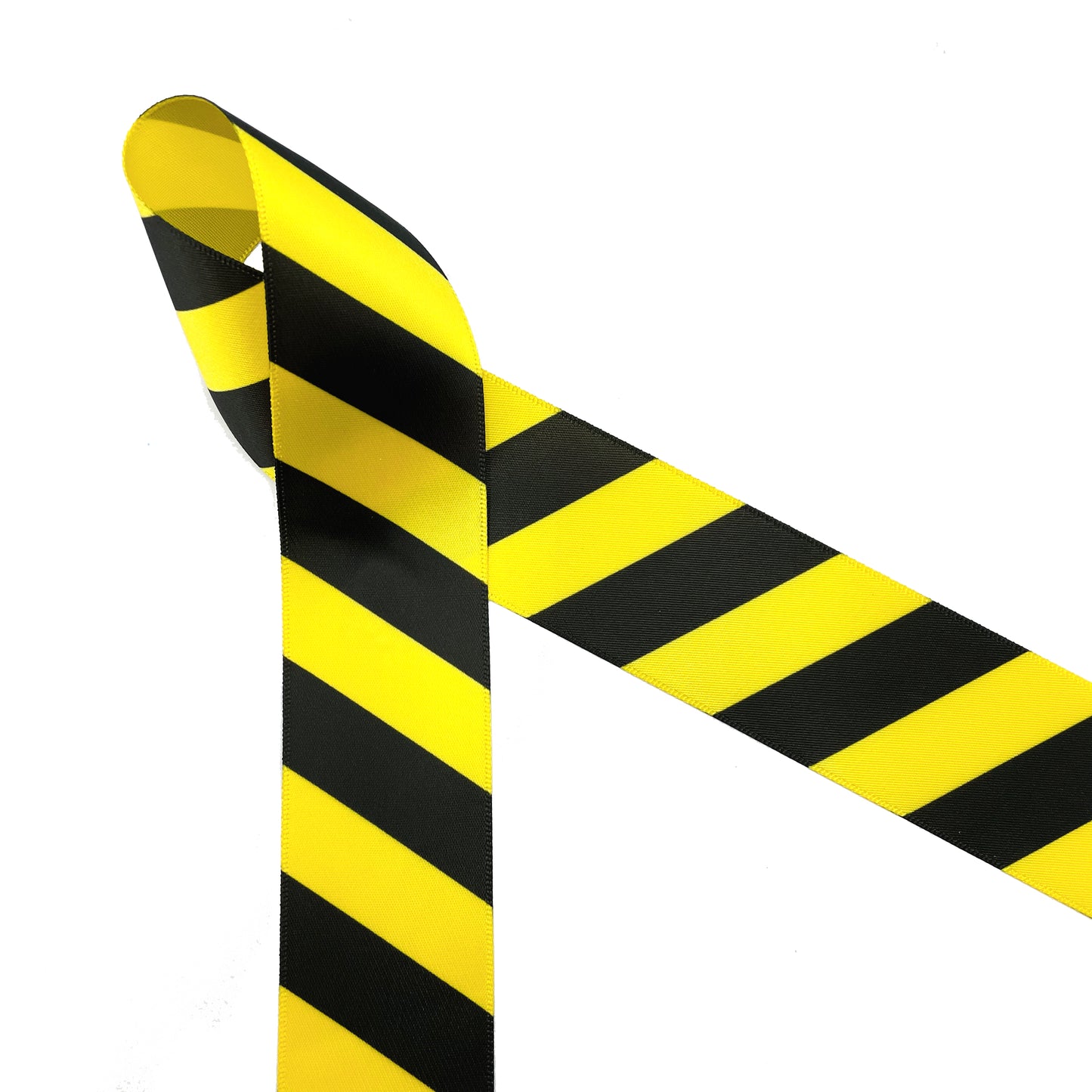 Caution Tape ribbon diagonal black stripes printed on 5/8" and 1.5" bright yellow single face satin