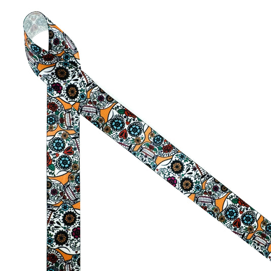 Sugar Skulls Ribbon for Day of the Dead printed on 5/8" white single face satin