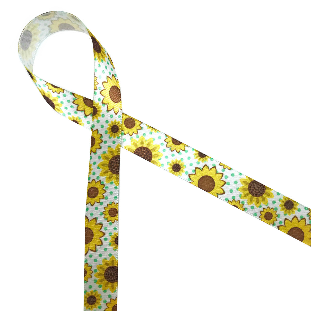 Sunflowers in brown and yellow with a green polka dot background is a sweet ribbon, perfect for a Summer soiree!