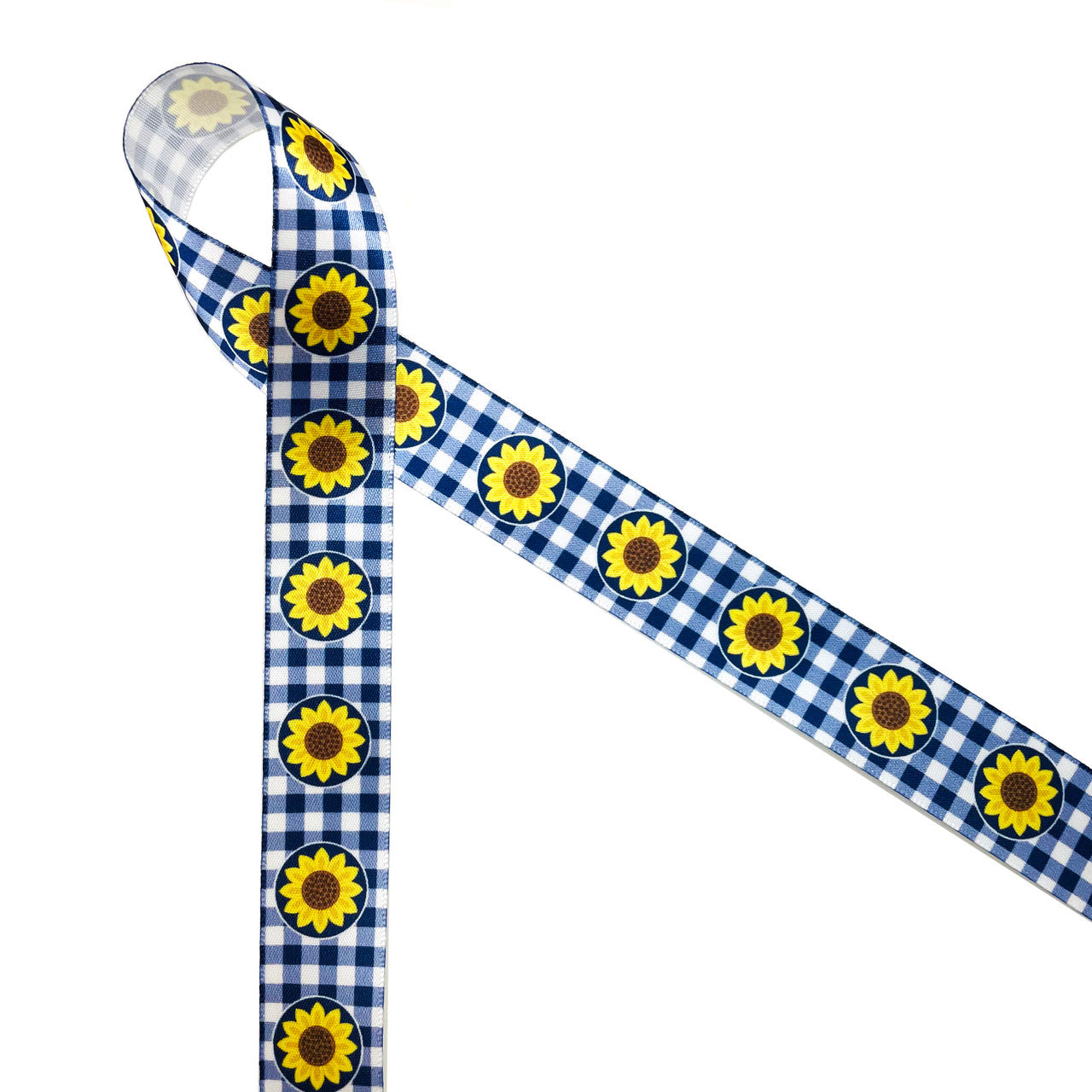 Yellow sunflowers in a row on a navy blue gingham background printed on 7/8" white grosgrain ribbon is the ideal Summer crafting ribbon supply! This is a perfect ribbon for hair bows, head bands, wreath making, gift wrap and party decor. Be sure to have this ribbon on hand for quilting and sewing projects too! All our ribbon is designed and printed in the USA