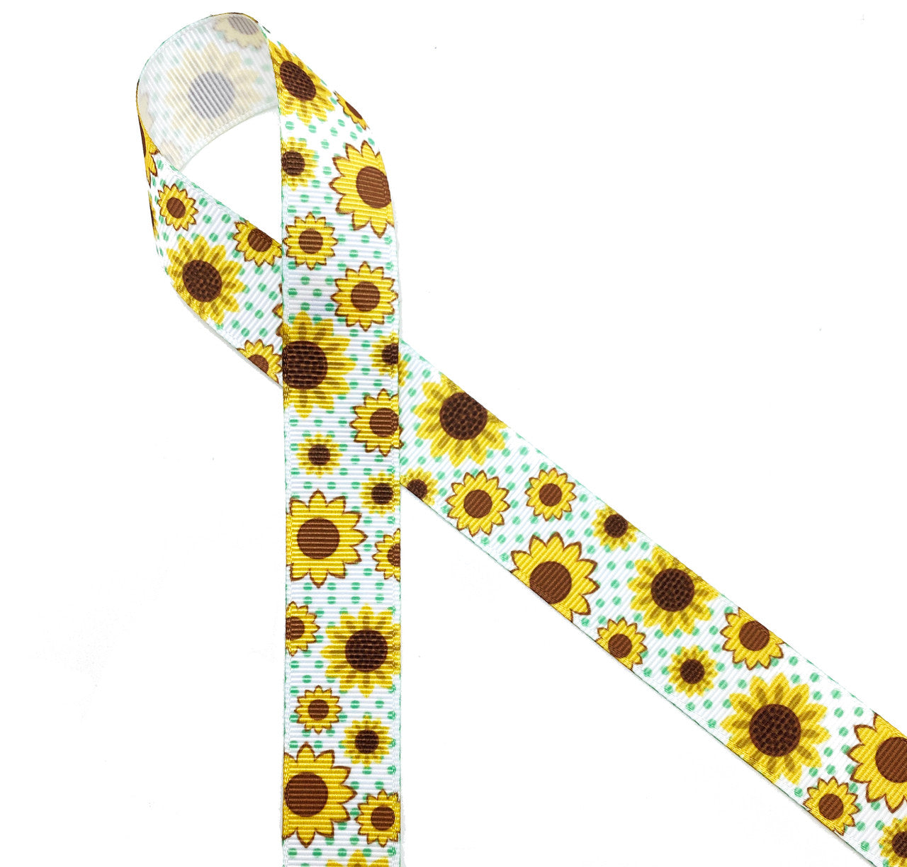 Sunflower in yellow and brown with green pin dots printed on 7/8" white grosgrain ribbon is the perfect ribbon for end of Summer and early Fall events! This fun ribbon is ideal for Barn theme weddings, Country weddings, Fall gift wrap, party decor and gift baskets. This is also a great ribbon for hair bows,  Fall crafts, quilting and sewing projects. All our ribbon is designed and printed in the USA