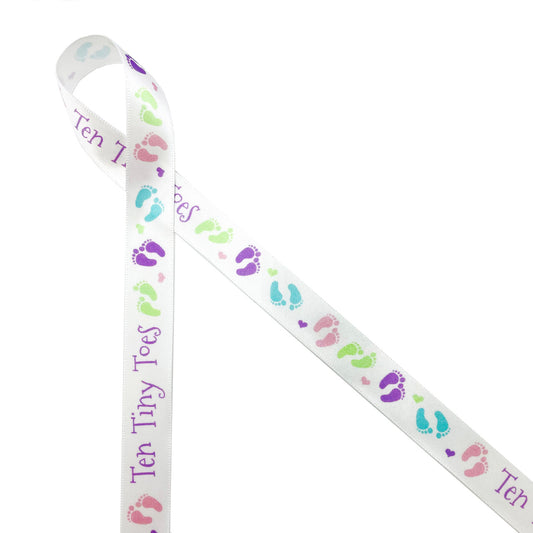 Ten tiny toes along with pastel footprints on 5/8" White Single Face Satin Ribbon