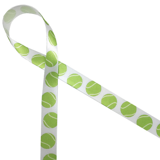 Tennis balls bouncing along 5/8" white single face satin is the perfect ribbon for your tennis themed party!