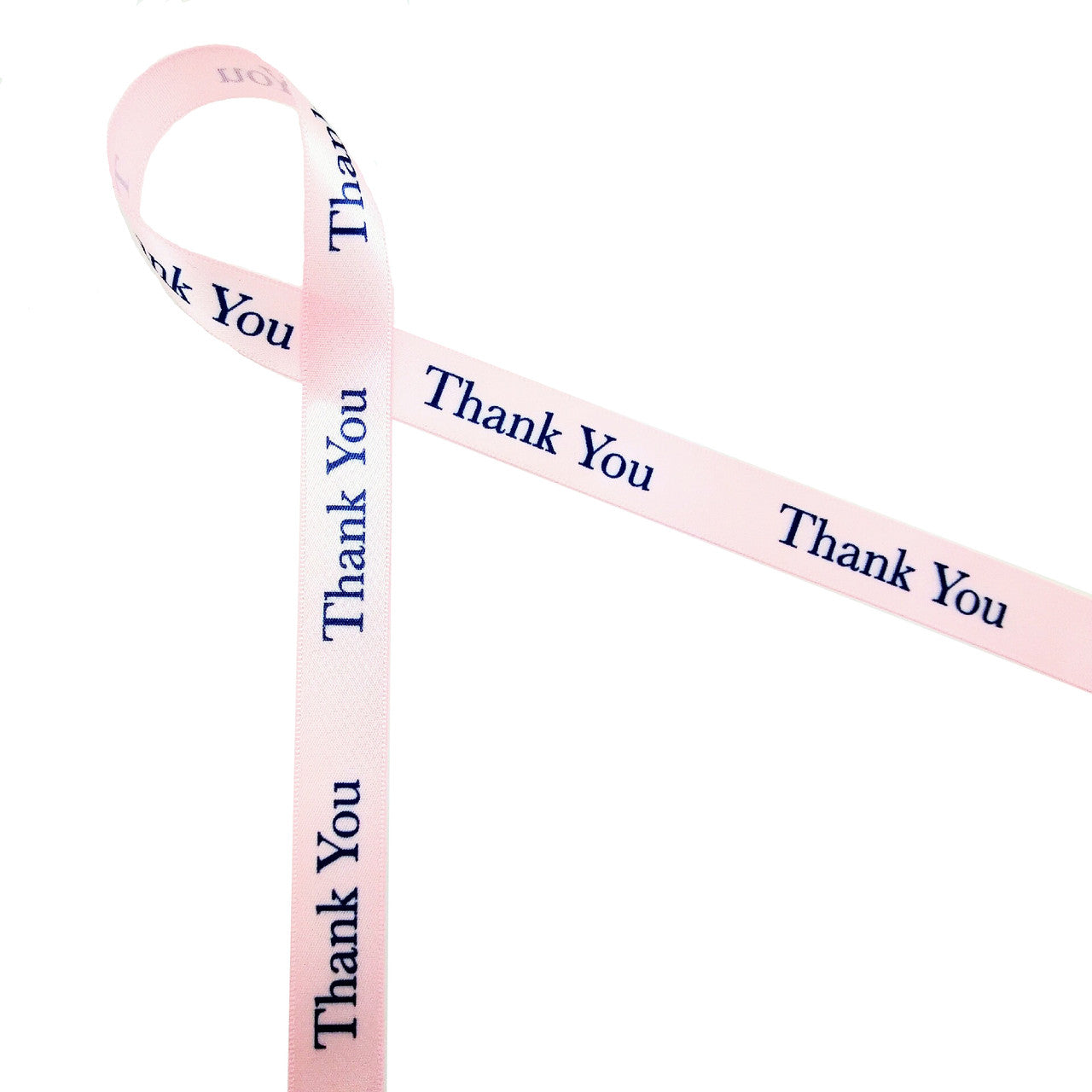 Thank you in navy on lt. pink 5/8" single face satin ribbon