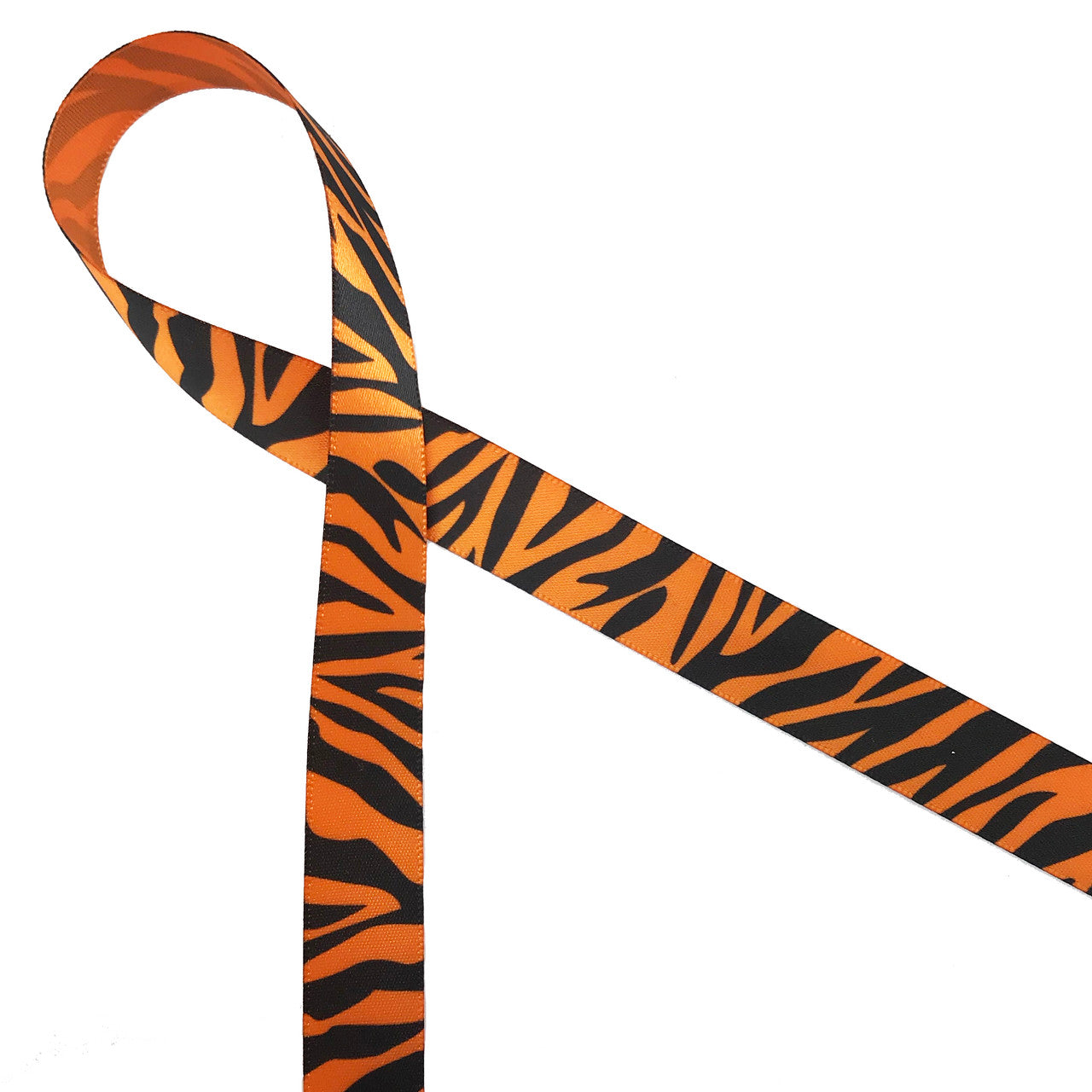 Tiger stripes in black on 5/8" tangerine single face satin ribbon makes a will give any favor  or gift wrap a walk on the wild side!