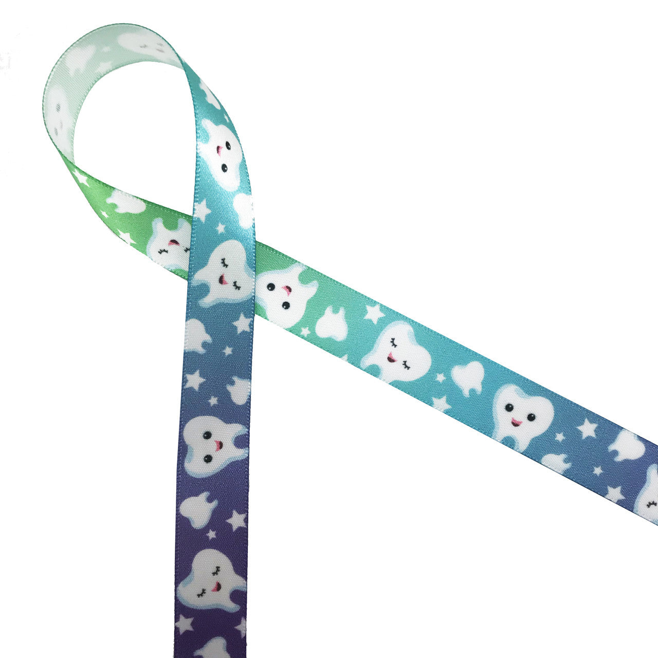 Tooth themed ribbon for a visit from the  tooth fairy or a gift for the dentist is printed on a 5/8" white single face satin ribbon with sleepy and happy molars with stars on an ombre background from green to purple!