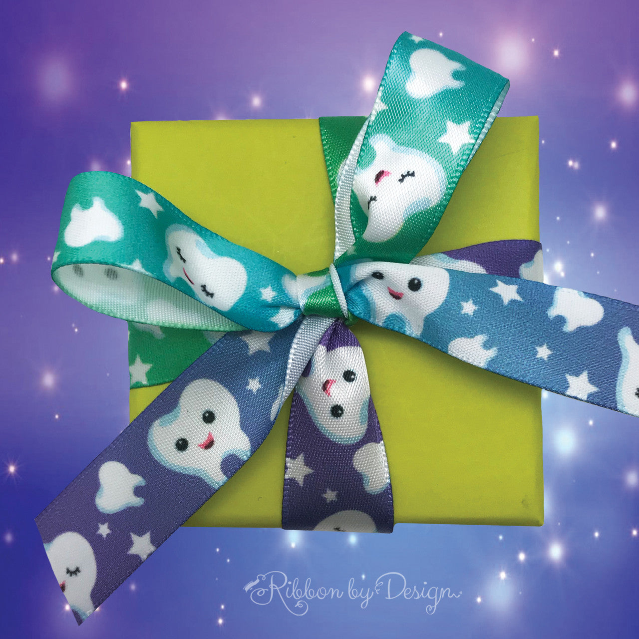 Tooth Fairy ribbon with molars and stars printed on 5/8