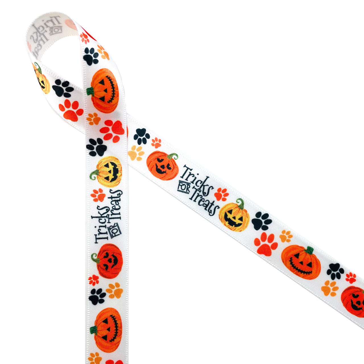 Tricks for Treats mixed with paw prints and Jack O' Lanterns is the ideal ribbon for making Fido feel special this Halloween! Printed on 5/8" white single face satin, this ribbon is available in 10 yard spools!