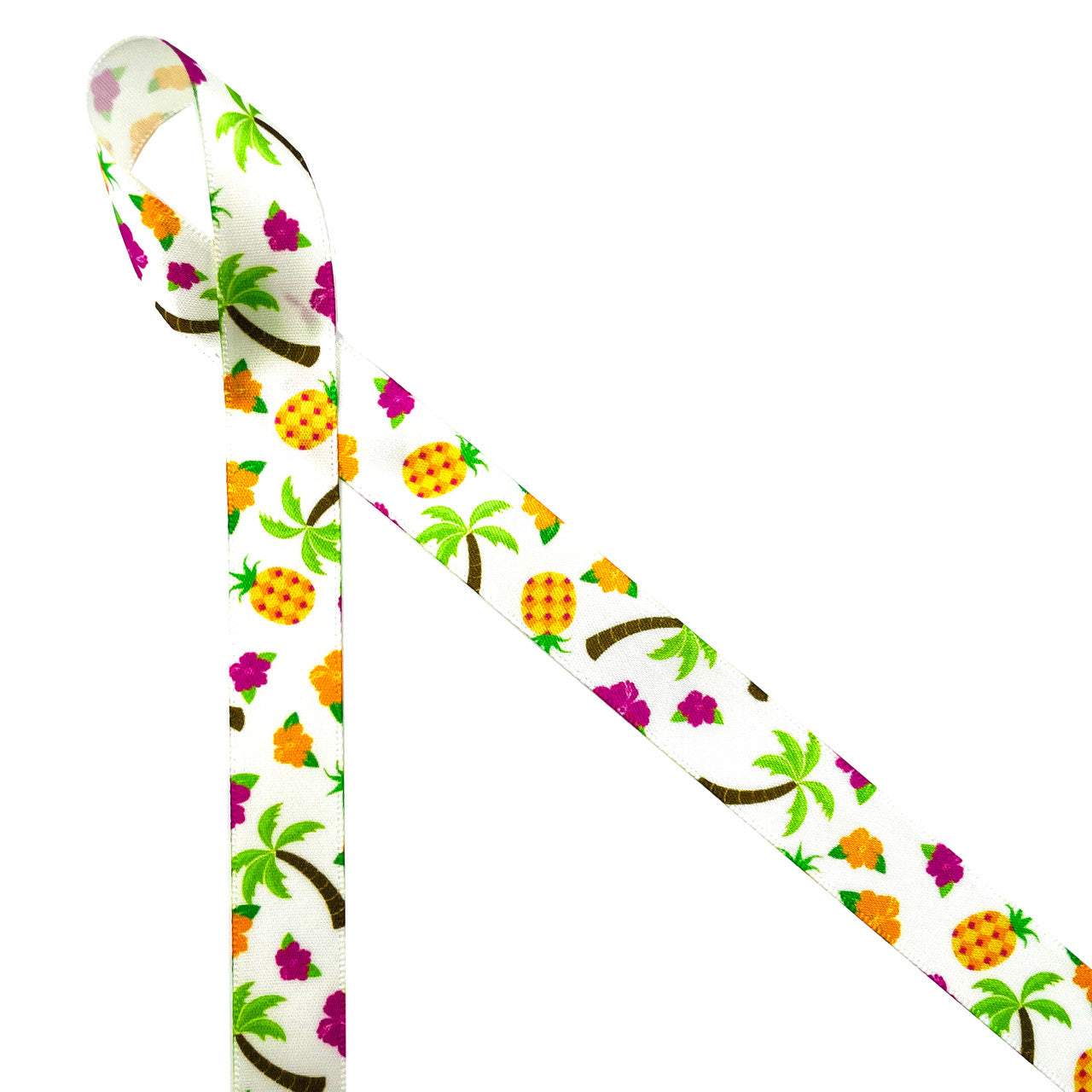 Hawaiian tropical ribbon features pineapples, palm trees, hibiscus blooms in pink and orange printed on 5/8" white single face satin. This is the ideal ribbon for luaus, party favors, tropical themed parties, gift wrap, party decor, cookies and cake pops. Use this ribbon for crafts, hair bows, sewing and quilting projects too! All our ribbon is designed and printed in the USA