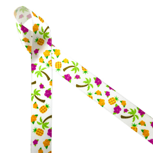 Hawaiian tropical ribbon features pineapples, palm trees, hibiscus blooms in pink and orange printed on7/8" white single face satin. This is the ideal ribbon for luaus, party favors, tropical themed parties, gift wrap, party decor, cookies and cake pops. Use this ribbon for crafts, hair bows, sewing and quilting projects too! All our ribbon is designed and printed in the USA
