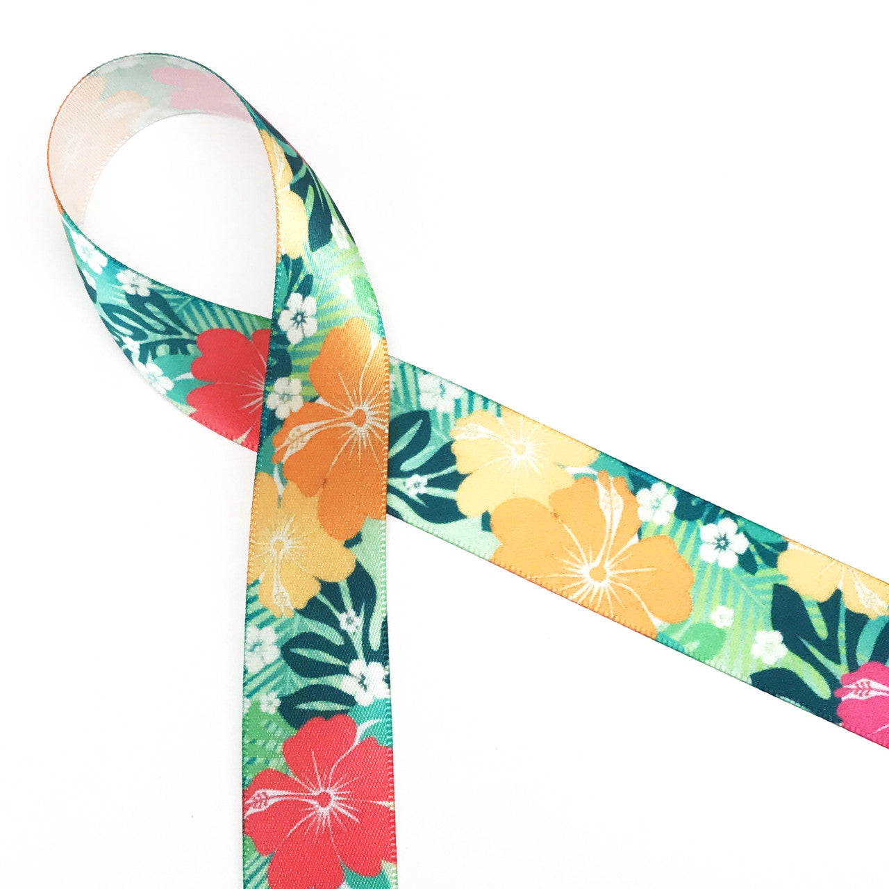 Tropical Flower Ribbon with green background on 7/8" white Single face satin, 10 yards