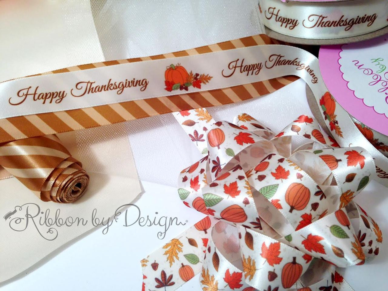 Our Thanksgiving ribbon works so well in designing with our other Fall patterns!