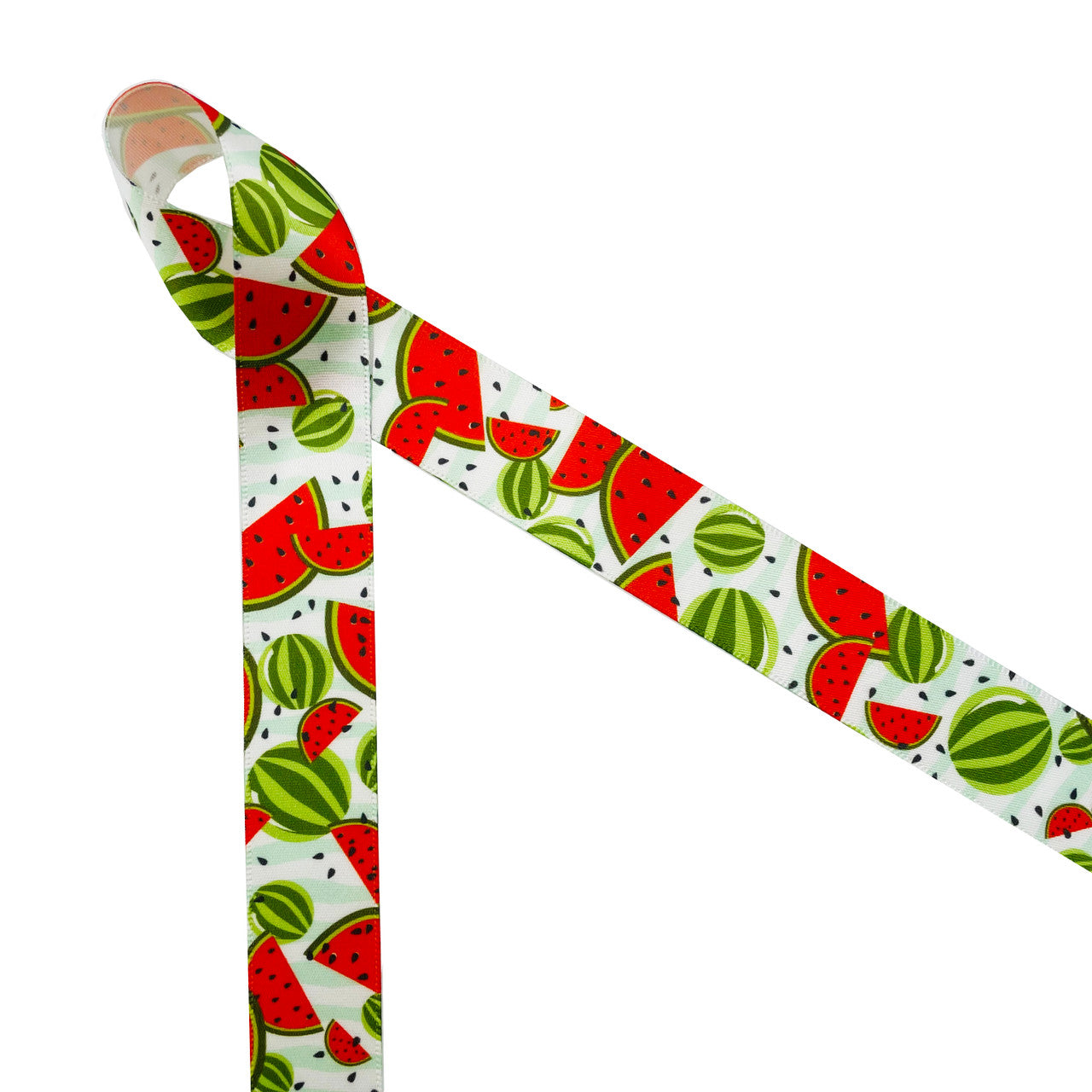 Watermelon ribbon red slices and whole melons with black seeds tossed on a green and white striped background printed on 7/8" white single face satin is a fun Summer themed ribbon. This is a great ribbon for barbecues, Summer parties, pool parties, and Fourth of July for party decor, party favors, gift wrap, gift baskets, cookies, cake pops and sweets tables! Use this ribbons for crafts, hair bows, headbands, sewing and quilting projects! All our ribbon is designed and printed in the USA