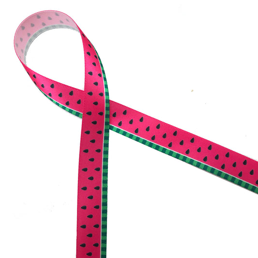 This adorable watermelon themed ribbon with green on green stripes along the bottom and hot pink with black seeds on the top is such a pretty addition to any Summer party. Printed on 5/8" white single face satin