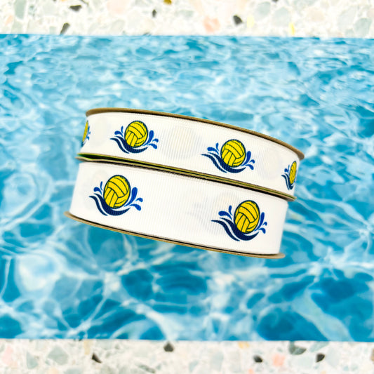 Water Polo ribbon water polo balls in yellow make a splash in blue water  printed on 5/8" and  7/8" white grosgrain