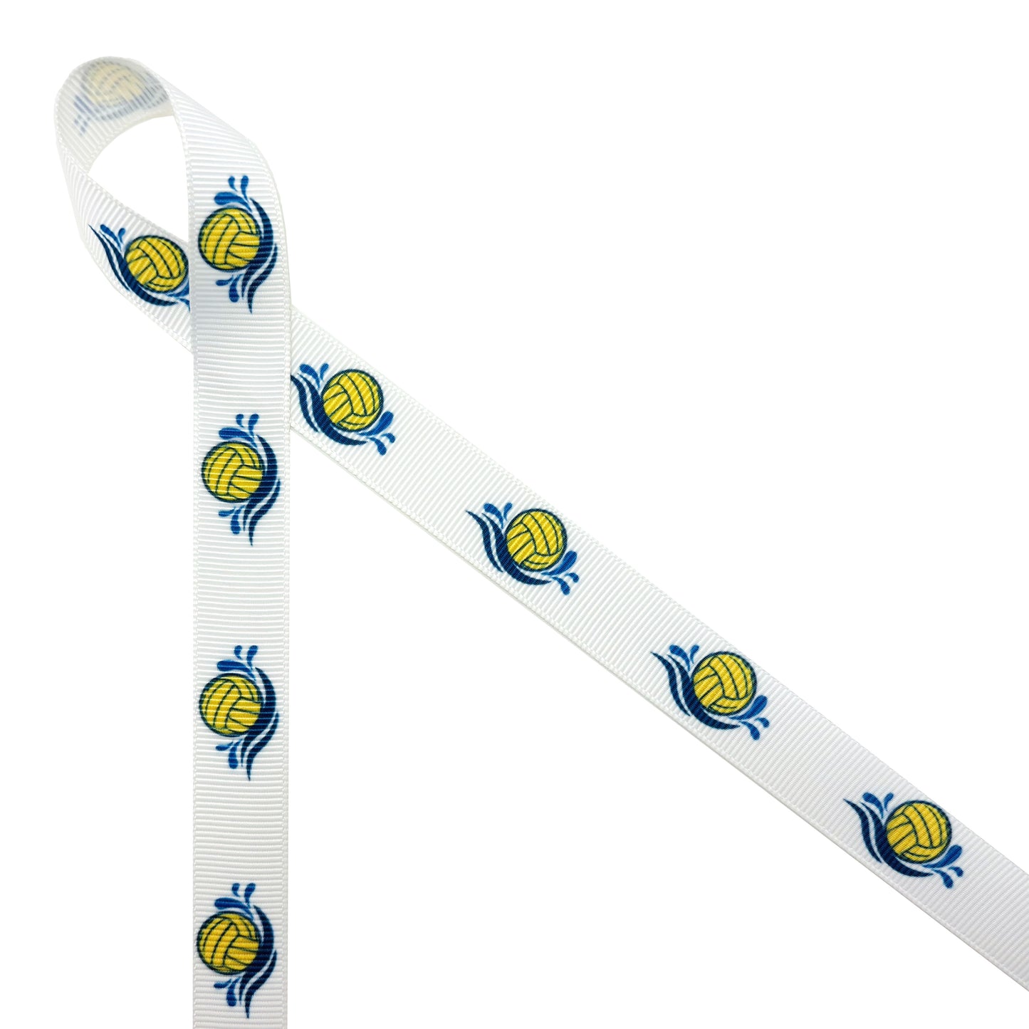 Water Polo ribbon water polo balls in yellow make a splash in blue water  printed on 5/8" and  7/8" white grosgrain