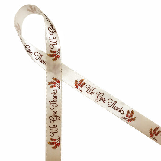 Thanksgiving We give thanks with wheat sheaves in rust and brown printed on 5/8" antique white single face satin ribbon is the ideal ribbon for your Thanksgiving  celebration! This is a perfect ribbon for party favors, gift wrap, hostess gifts, cookies, cake pops and candy stores.  All our ribbon is designed and printed in the USA